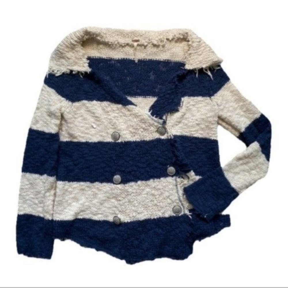 Free People Oversized Navy Beige Stripe Button Front Cardigan Sweater XS